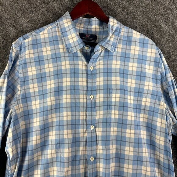 Vineyard Vines Shirt Mens XL Slim Fit Murray Button Down Blue White Plaid Pocket - Picture 2 of 5
